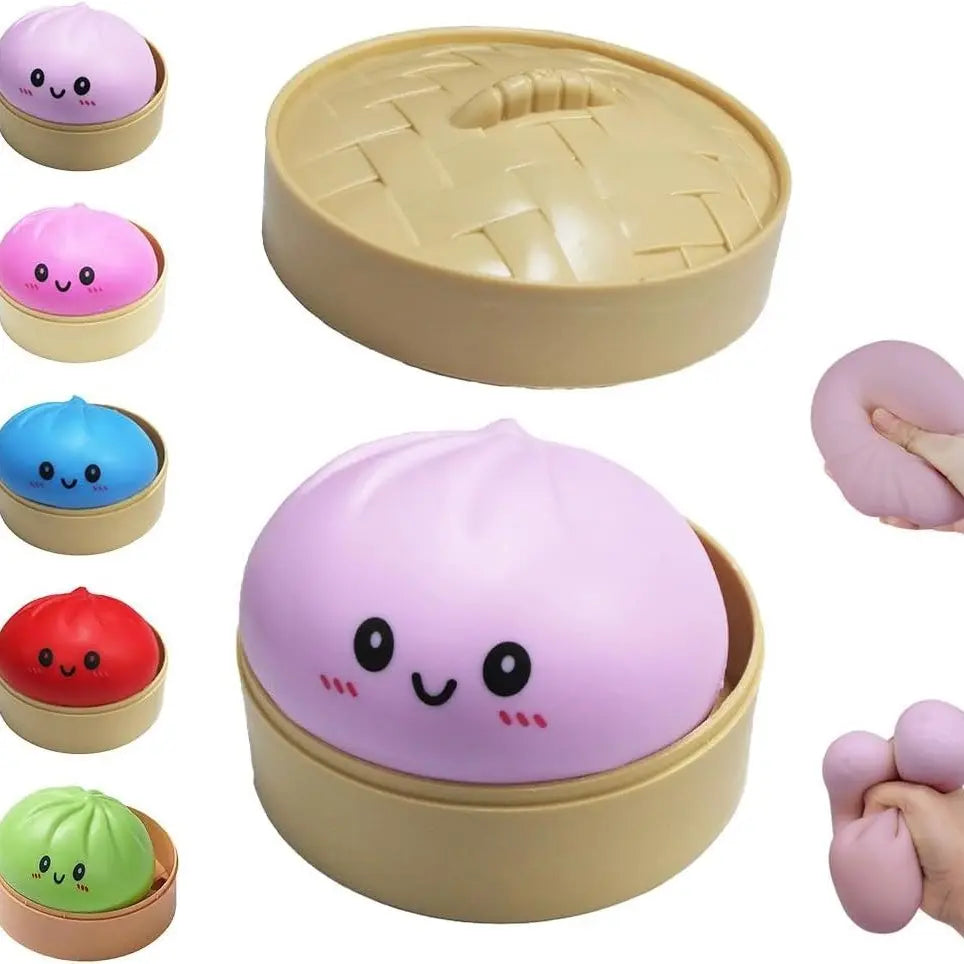 Size3.15*1.97In.2026 New Glitter Dumpling Squishy with Steamer Box, Soft Sensory Fidget Steamed Bun Squeeze Tool for Adult Stress & Anxiety Relief,3.15 Inches in Diameter Cute Office Desk Decor and Relaxing Accessory