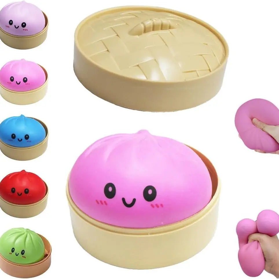 Size3.15*1.97In.2026 New Glitter Dumpling Squishy with Steamer Box, Soft Sensory Fidget Steamed Bun Squeeze Tool for Adult Stress & Anxiety Relief,3.15 Inches in Diameter Cute Office Desk Decor and Relaxing Accessory