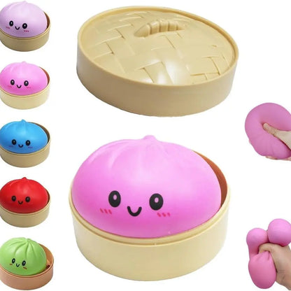 Size3.15*1.97In.2026 New Glitter Dumpling Squishy with Steamer Box, Soft Sensory Fidget Steamed Bun Squeeze Tool for Adult Stress & Anxiety Relief,3.15 Inches in Diameter Cute Office Desk Decor and Relaxing Accessory