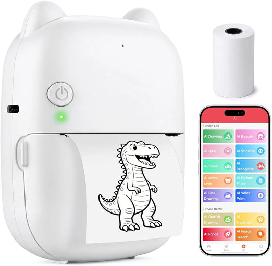Smart AI Voice Printer with App, Mini Inkless Portable Printer with 1 Roll Paper AI Creative Printing for Kids’ Gifts, DIY Crafts, Study Notes, Pictures & Lists, Ideal for Home, School & Office Organization