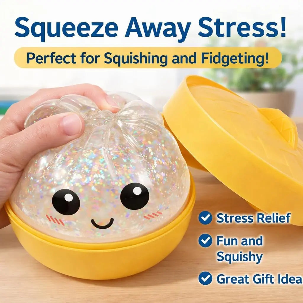 Size3.15*1.97In.2026 New Glitter Dumpling Squishy with Steamer Box, Soft Sensory Fidget Steamed Bun Squeeze Tool for Adult Stress & Anxiety Relief,3.15 Inches in Diameter Cute Office Desk Decor and Relaxing Accessory