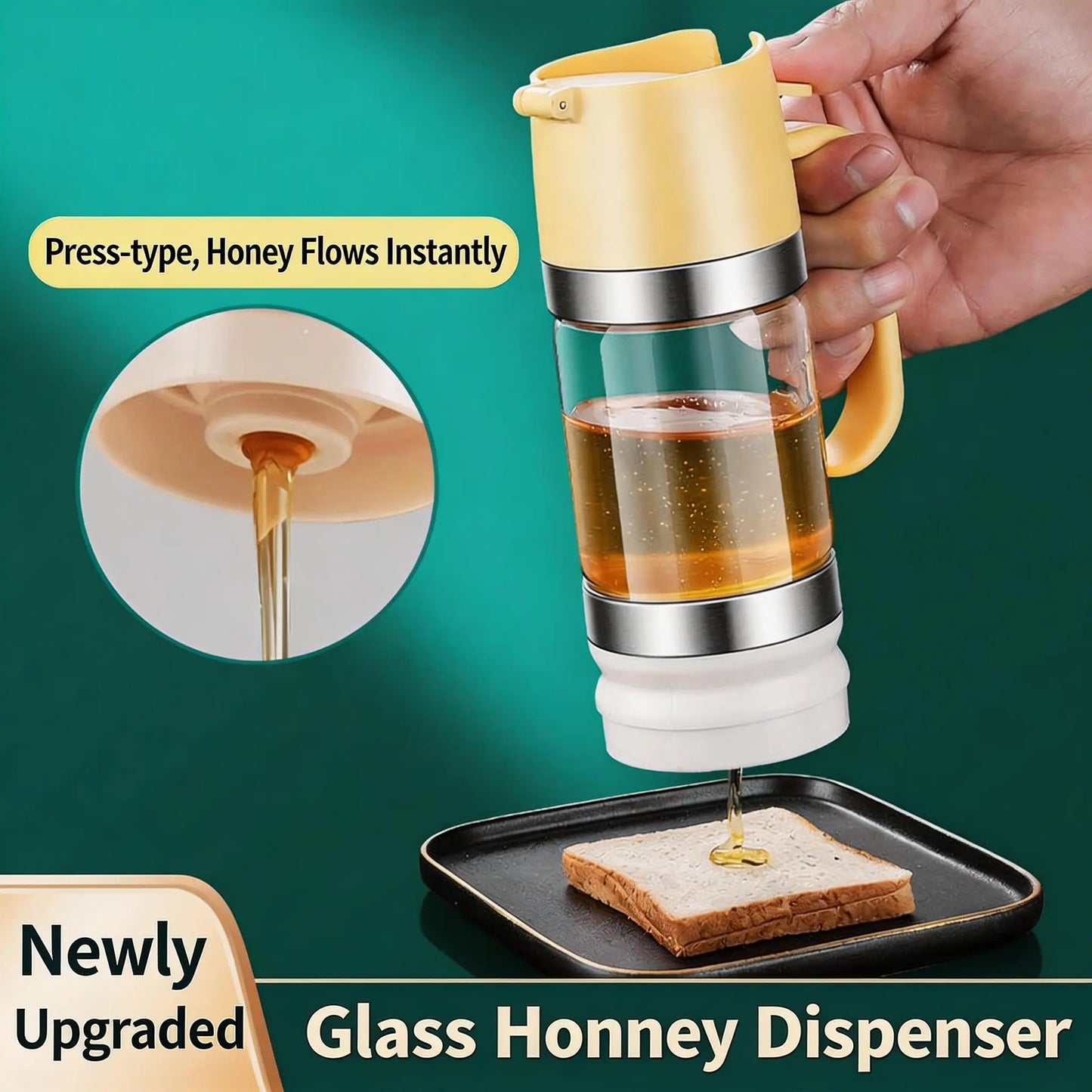 Glass Honey Dispenser. Features a Drip-Proof, Leak-Proof Sealed Design and a Convenient Handle. Simple to Operate; Ideal for Dispensing Maple Syrup, Effectively Locking in Freshness; Easy to Clean.