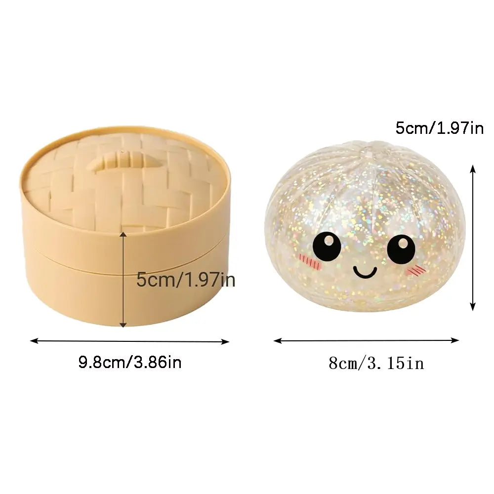 Size3.15*1.97In.2026 New Glitter Dumpling Squishy with Steamer Box, Soft Sensory Fidget Steamed Bun Squeeze Tool for Adult Stress & Anxiety Relief,3.15 Inches in Diameter Cute Office Desk Decor and Relaxing Accessory