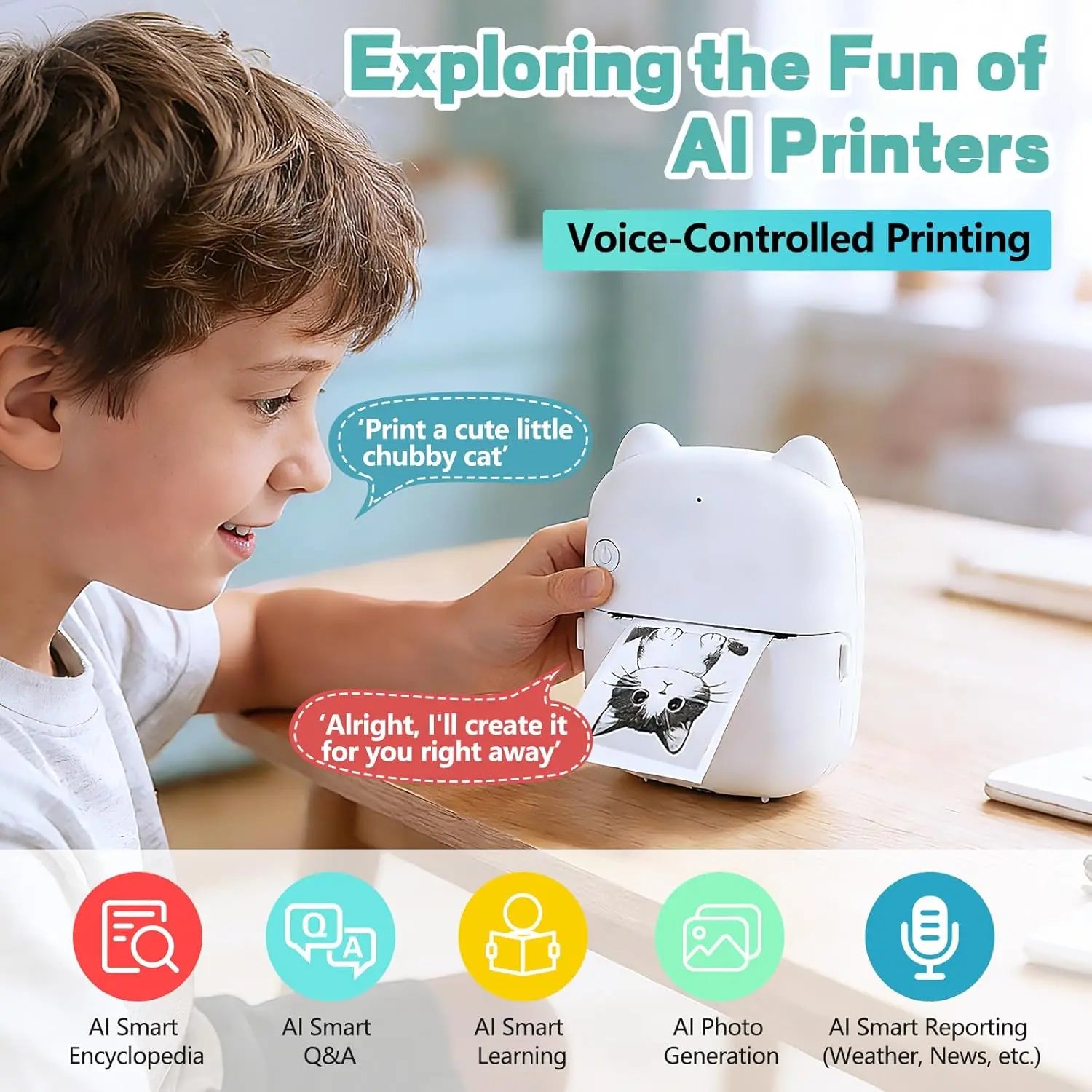 Smart AI Voice Printer with App, Mini Inkless Portable Printer with 1 Roll Paper AI Creative Printing for Kids’ Gifts, DIY Crafts, Study Notes, Pictures & Lists, Ideal for Home, School & Office Organization