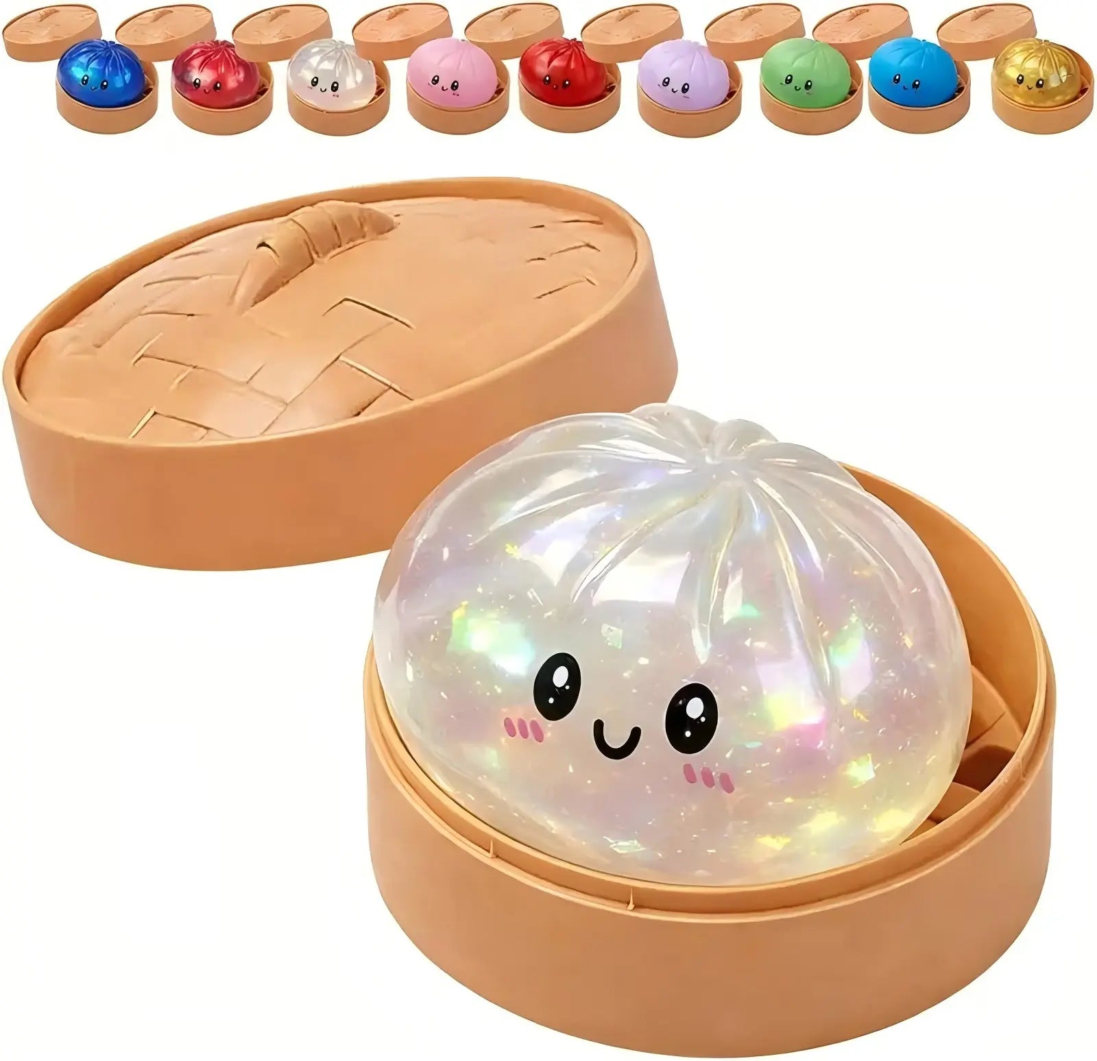 Size3.15*1.97In.2026 New Glitter Dumpling Squishy with Steamer Box, Soft Sensory Fidget Steamed Bun Squeeze Tool for Adult Stress & Anxiety Relief,3.15 Inches in Diameter Cute Office Desk Decor and Relaxing Accessory