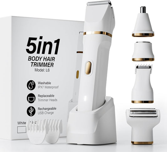 5-In-1 Wet/Dry Bikini Trimmer with USB Charge Dock, Deluxe Facial Hair Removal, Wet/Dry Body Shaver for Nose Eyebrows Beard Underarm Leg Arm (White)