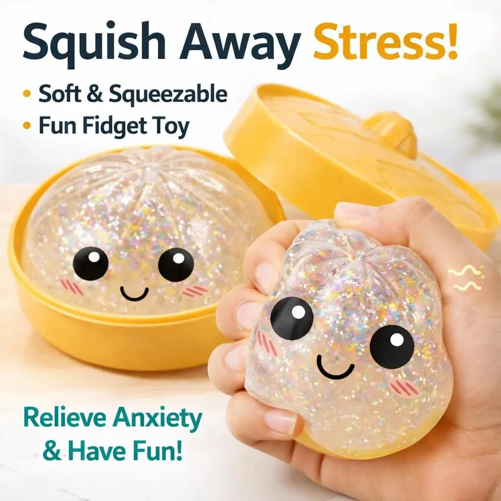 Size3.15*1.97In.2026 New Glitter Dumpling Squishy with Steamer Box, Soft Sensory Fidget Steamed Bun Squeeze Tool for Adult Stress & Anxiety Relief,3.15 Inches in Diameter Cute Office Desk Decor and Relaxing Accessory