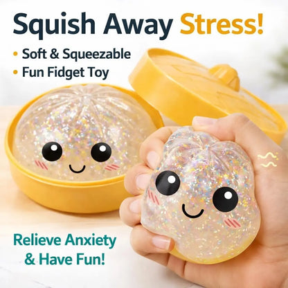 Size3.15*1.97In.2026 New Glitter Dumpling Squishy with Steamer Box, Soft Sensory Fidget Steamed Bun Squeeze Tool for Adult Stress & Anxiety Relief,3.15 Inches in Diameter Cute Office Desk Decor and Relaxing Accessory